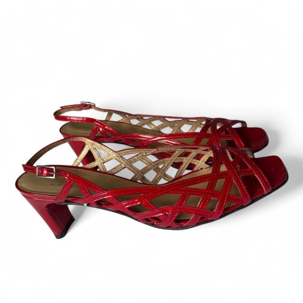 Stuart Weitzman Red Patent Lattice Heels Made in Spain Strappy Kitten Sz 9